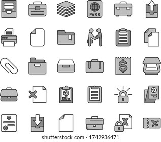 Thin line gray tint vector icon set - clip vector, briefcase, clean sheet of paper, archive, upload data, download, folder bookmark, portfolio, suitcase, passport, pile, drawer, delete page, printer