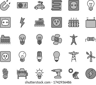 Thin line gray tint vector icon set - matte light bulb vector, incandescent lamp, concrete mixer, drill, saving, power socket type b, f, lightning, heating coil, radiator, fan screw, big solar panel