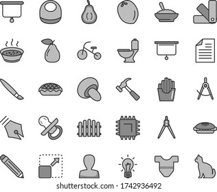 Juego de iconos vectoriales de tono gris de línea delgada - vector de tassel, lápiz de grafito, papel garabateado, mujer, pezón, bib de bebé, camiseta infantil, triciclo, muestras de color, inodoro, cobertura, martillo con claw, porcini, tarta