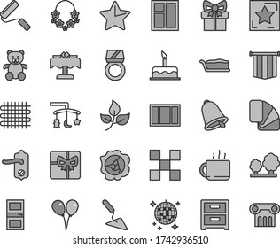 Thin line gray tint vector icon set - toys over the cradle vector, teddy bear, colored air balloons, cake, building trowel, window, frame, new roller, sample of colour, door knob, interroom, tile
