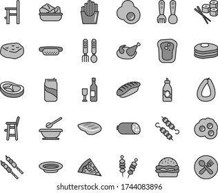 Thin line gray tint vector icon set - plates and spoons vector, a chair for feeding, child, plastic fork, iron, sausage, stick of, fried vegetables on sticks, piece pizza, mini hot dog, burger, chop