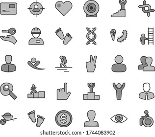 Thin line gray tint vector icon set - woman vector, women, footprints, children's tracks, workman, garden trolley, employee, heart, index finger, eye, pass card, lens, man, in sight, dollar, dna