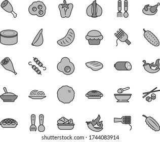 Thin line gray tint vector icon set - deep plate with a spoon vector, plastic fork spoons, iron, sausage, canned goods, onion, spaghetti, noodles, cake, pie, apple, bowl of buckwheat porridge, thigh
