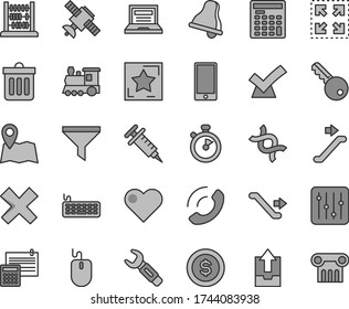 Thin line gray tint vector icon set - bell vector, laptop, cross, upload archive data, abacus, calculation, dust bin, heart, smartphone, regulator, phone call, size, steel repair key, filter, mouse