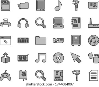 Thin line gray tint vector icon set - bedside table vector, unpacking, calipers, caliper, computer, tablet pc, keyboard, power supply, motherboard, card, gpu, router, cd, printer, usb flash, network