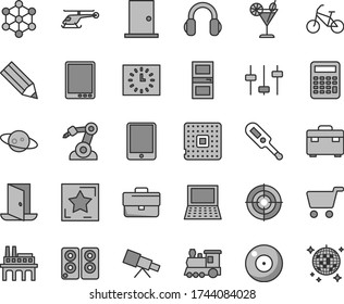 Dünne Linie grau Tint Vektor-Ikone-Set - Kamera Vektor, Aktentasche, elektronisches Thermometer e, Koffer, Eingangstür, Interroom, Cocktail, Industrieunternehmen, Prozessor, Roboter Schweißer, Einkaufswagen