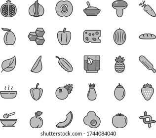 Thin line gray tint vector icon set - mercury thermometer vector, deep plate with a spoon, piece of cheese, loaf, mushroom, bowl buckwheat porridge, hot, garlic, carrot, glass tea, fried egg, peach