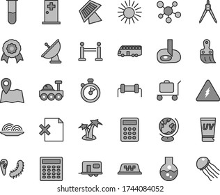 Thin line gray tint vector icon set - plastic brush vector, delete page, onion, calculator, flask, test tube, molecule, electricity, bactery, globe, drawing compass, artifical insimination, medal