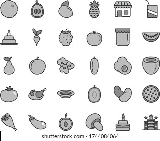 Thin line gray tint vector icon set - vector e, birthday cake, porcini, plate, chicken, grill leg, cabbage, tomato, popcorn, fried egg, jam, pear, blackberry, delicious plum, water melon slice
