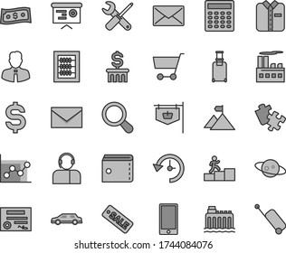 Thin line gray tint vector icon set - envelope vector, purse, graph, new abacus, Puzzle, small tools, employee, smartphone, operator, folded shirt, hydroelectricity, industrial building, cart, mail