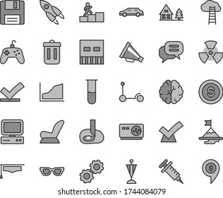Thin line gray tint vector icon set - horn vector, car child seat, Kick scooter, computer, usb, trash bin, floppy, joystick, test tube, glasses, nuclear, brain, gears, oscilloscope, graduate hat