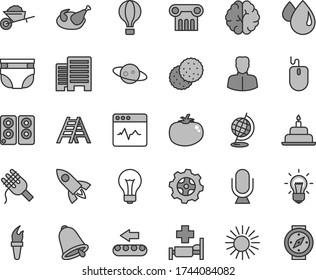 Thin line gray tint vector icon set - matte light bulb vector, nappy, birthday cake, garden trolley, ladder, buildings, bell, microphone, cardiogram, spaghetti, chicken, tomato, biscuit, gear, drop