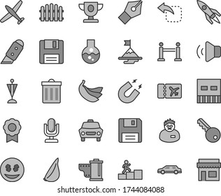 Thin line gray tint vector icon set - desktop microphone vector, bin, camera roll, hedge, knife, car, volume, move left, garlic, bananas, usb, floppy, flask, magnet, scientist, medal, rocket, prize