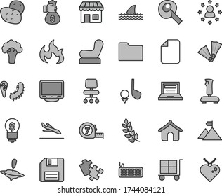 Thin line gray tint vector icon set - floppy disk vector, laptop, cargo trolley, Baby chair, small yule, Puzzle, long meashuring tape, potato, broccoli, kiosk, keyboard, monitor, folder, joystick