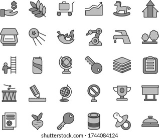 Thin line gray tint vector icon set - prohibition vector, dummy, small rocking horse, drumroll, drawing, faucet mixer, key, globe, pile, tin, chili, soda can, beet, trees, robot welder, billboard