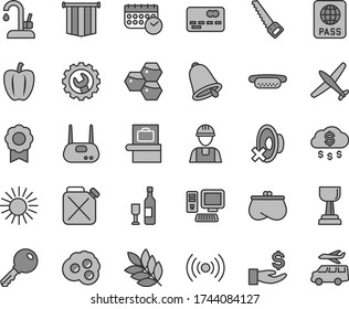 Thin line gray tint vector icon set - silent mode vector, builder, arm saw, gear, kitchen faucet, bell, key, passport, mini hot dog, omelette, honeycombs, pepper, canister, front of the bank card