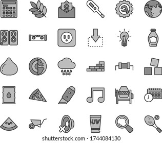 Thin line gray tint vector icon set - silent mode vector, electronic thermometer e, cloud, cubes for children, brick wall, building trolley, concrete mixer, power socket type b, level, star gear