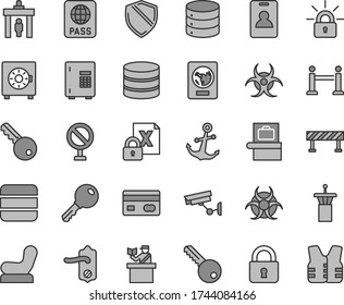 Thin line gray tint vector icon set - prohibition vector, Baby chair, key, door knob, road fence, lock, anchor, passport, big data, strongbox, reverse side of a bank card, encrypting, biohazard