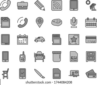 Thin line gray tint vector icon set - tassel vector, desktop microphone, calendar, bank card, rss feed, toy mobile phone, a chair for feeding child, concrete mixer, smartphone, nightstand, call, jam