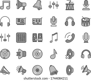 Thin line gray tint vector icon set - bell vector, desktop microphone, horn, loudspeaker, silent mode, drumroll, drum, headphones, music, CD, regulator, no sound, phone call, megaphone, pc card