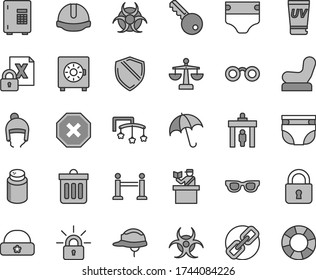 Thin line gray tint vector icon set - mark of injury vector, spectacles, scales, toys over the cot, diaper, nappy, powder, Baby chair, winter hat, warm, construction helmet, dust bin, lock, umbrella