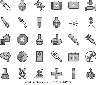 Thin line gray tint vector icon set - mark of injury vector, spectacles, first aid kit, plus, electronic thermometer e, mercury, bag a paramedic, medical, arm saw, estimate, temperature, round flask