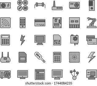 Thin line gray tint vector icon set - lightning vector, monitor, window, bank card, calculator, rss feed, electronic thermometer e, screen, cards, math actions, processor, assembly robot, SIM, tower