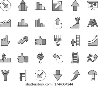 Thin line gray tint vector icon set - upward direction vector, downward, growth up, chart, positive histogram, a chair for feeding, hook, winch, stepladder, ladder, left bottom arrow, index finger