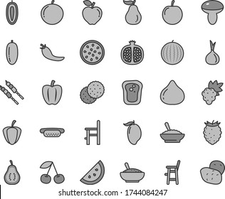 Thin line gray tint vector icon set - a chair for feeding vector, child, mini hot dog, mushroom, bowl of buckwheat porridge, rice, barbecue, orange slice, biscuit, sandwich, cherry, half pomegranate