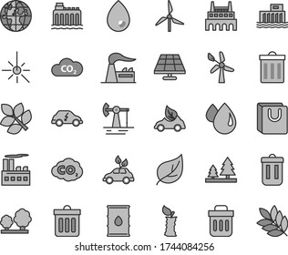 Thin line gray tint vector icon set - bin vector, dust, drop, bag with handles, apple stub, solar panel, working oil derrick, leaf, windmill, wind energy, factory, hydroelectric station, trees, CO2