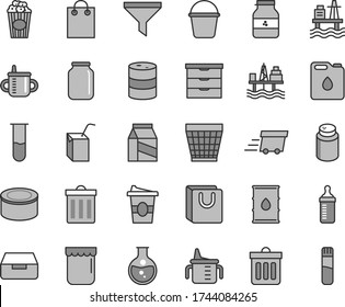 Thin line gray tint vector icon set - wicker pot vector, bin, storage unit, mug for feeding, measuring cup, bottle, powder, packing of juice with a straw, bucket, dust, drawer, bag handles, package
