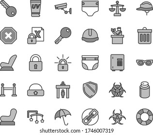 Thin line gray tint vector icon set - mark of injury vector, spectacles, scales, toys over the cot, diaper, nappy, powder, Baby chair, car child seat, warm hat, construction helmet, dust bin, lock