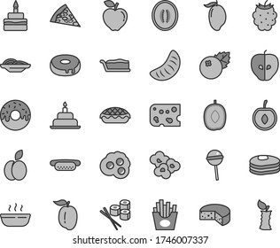 Thin line gray tint vector icon set - birthday cake vector, piece of cheese, pizza, mini hot dog, slices onion, slice, with a hole, glazed, apple pie, porridge, Chupa Chups, French fries, sushi set