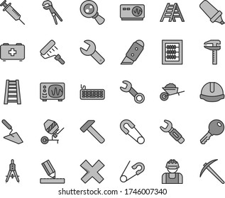 Thin line gray tint vector icon set - repair key vector, cross, new abacus, safety pin, open, bag of a paramedic, garden trolley, trowel, concrete mixer, adjustable wrench, paint roller, stepladder