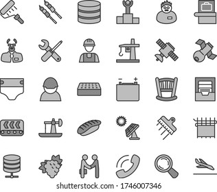 Thin line gray tint vector icon set - archive vector, cradle, diaper, builder, small tools, paint roller, brick, spatula, big data server, barbecue, japanese sushi, branch of grape, solar panel