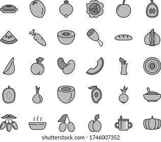 Thin line gray tint vector icon set - mug for feeding vector, loaf, pie, a bowl of rice porridge, hot, chicken thigh, beet, garlic, carrot, apple, peach, squash, cornels, medlar, slice melon, loquat