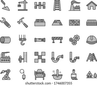 Thin line gray tint vector icon set - house vector, brickwork, winch hook, building trowel, concrete mixer, wooden paint brush, stepladder, ladder, siphon, sewerage, construction level, tile, helmet