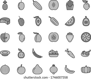Thin line gray tint vector icon set - cheese vector, lettuce in a plate, of milk, chicken, cucumber, carrot, fried potato slices, strawberry, pineapple, orange slice, half apricot, quince, fig, plum