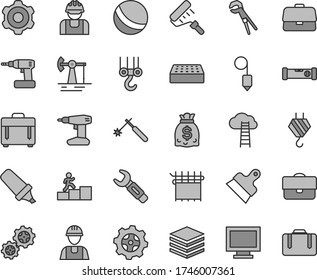 Thin Line Gray Tint Vector Icon Set - Monitor Window Vector, Bath Ball, Builder, Hook, Winch, Cogwheel, Adjustable Wrench, Cordless Drill, Paint Roller, Construction Level, Brick, Plummet, Case