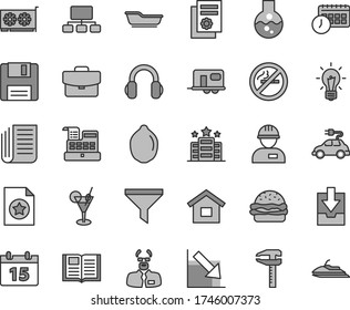 Thin line gray tint vector icon set - negative chart vector, download archive data, bath, dwelling, workman, calendar, book, suitcase, burger, lime, electric car, calipers, filter, scheme, agenda