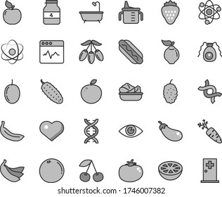 Thin line gray tint vector icon set - heart symbol vector, measuring cup for feeding, bath, eye, cardiogram, Hot Dog, lettuce in a plate, cucumber, tomato, jar of jam, strawberry, cherry, quince