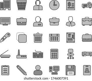 Thin line gray tint vector icon set - wicker pot vector, graphite pencil, keyboard, suitcase, buildings, stationery knife, employee, wall clock, dust bin, screen, operator, copy, portfolio, man