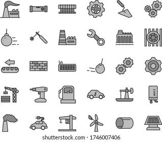 Thin line gray tint vector icon set - crane vector, tower, brickwork, big core, cogwheel, trowel, drill, construction level, electronic boiler, oil derrick, gas station, wind energy, manufacture