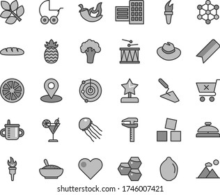 Thin line gray tint vector icon set - bookmark vector, hat, mug for feeding, baby stroller, cubes children, drumroll, trowel, city block, heart, crossed cart, loaf, a bowl of rice porridge, chili