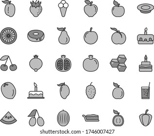 Thin line gray tint vector icon set - cake vector, slice, torte, birthday, with a hole, plate of milk, glass soda, cone, honeycombs, cherry, ripe peach, pomegranate, half, apricot, red apple, medlar