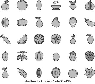 Thin line gray tint vector icon set - deep plate with a spoon vector, beet, carrot, strawberry, strawberries, pear, orange slice, peach, mulberry, melon, goji berry, half, date fruit, passion, sweet