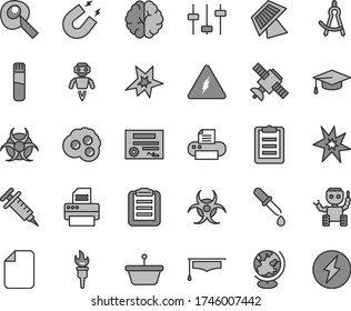 Thin line gray tint vector icon set - omelette vector, pan, printer, file, test tube, electricity, brain, settings, satellite, biohazard, pipette, globe, magnet, graduate hat, clipboard, robot, bang