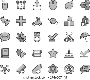 Thin line gray tint vector icon set - scissors vector, alarm clock, add bookmark, plus, silent mode, label, footprints, cubes for children, cake, Puzzle, books, cogwheel, star gear, umbrella, leaf