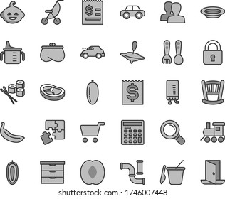 Thin line gray tint vector icon set - women vector, cradle, storage unit, measuring cup for feeding, summer stroller, motor vehicle, children's sand set, plastic fork spoons, funny hairdo, Puzzles