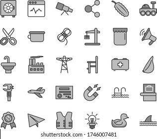 Thin line gray tint vector icon set - scissors vector, paper airplane, rubber duck, bag of a paramedic, children's potty, chair for feeding, washbasin, hawser, cardiogram, strongbox, garlic, jam